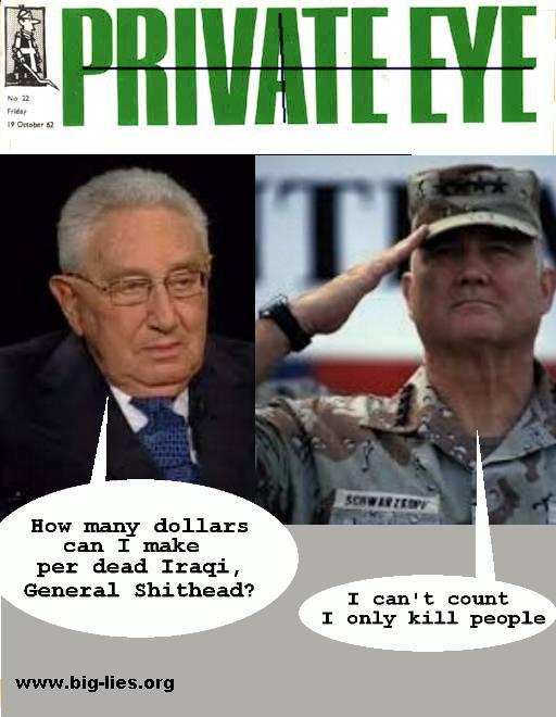 Private Eye spoof with Kissinger on money and Schwarzkopf on killing